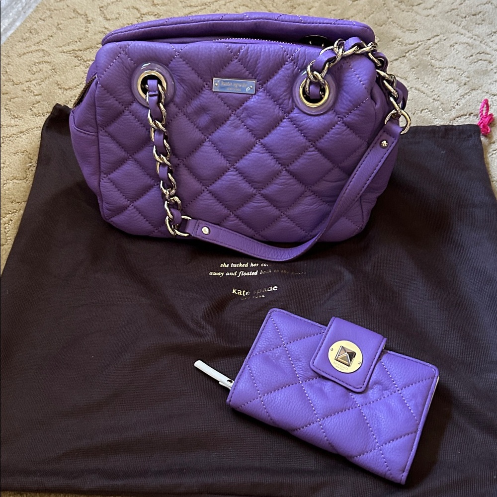 Kate Spade purple leather quilted bag and wallet